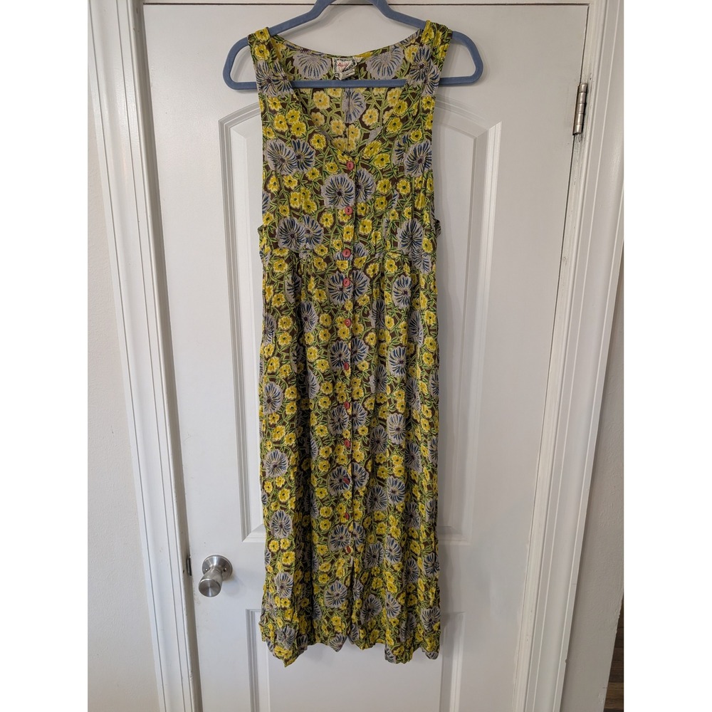 April Cornell Vintage Floral Button Front Midi Dress Yellow Rayon Womens Medium